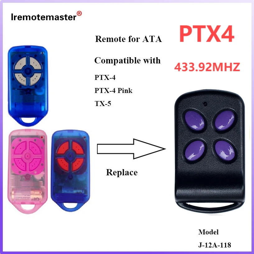 For ATA PTX4 PTX-4 433.92MHz Garage Door Remote Control 4 Button Gate Keyfob Transmitter