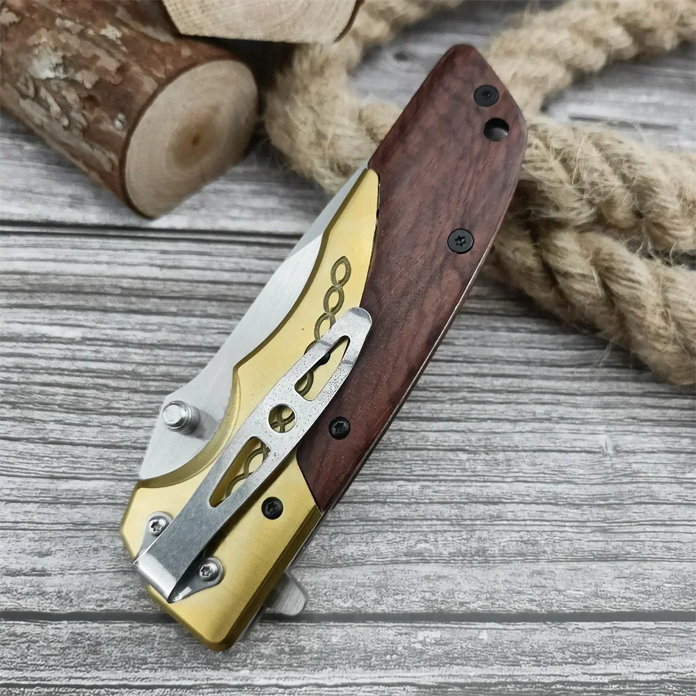 DA77 Folding Knife 5Cr13Mov Blade Wood + Brass Handle High Quality Knife Outdoor EDC Camping Hiking Survival Hunting Tool