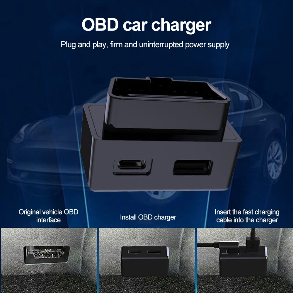 2 in 1 Car Adapter Phone PD Fast & QC 3.0 Charging  USB and Type-C Dual Port Hidden OBD For Tesla Model 3  Y X S Accessories