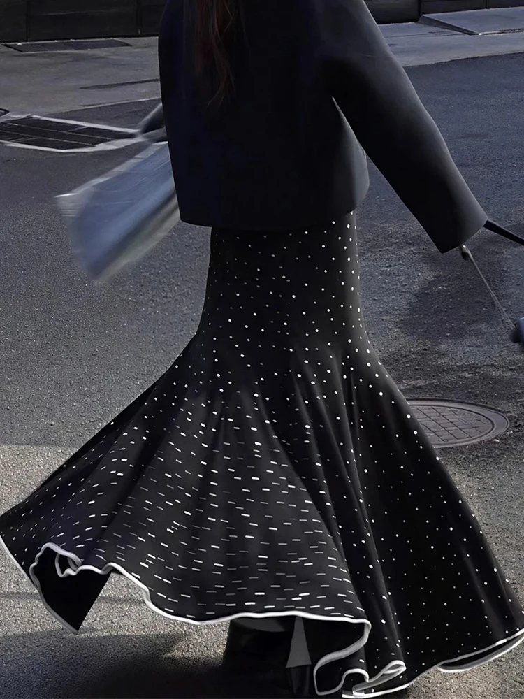 French Polka Dots Long Skirt Women Elegant Office Lady High Waist Vintage Skirts Black A Line Sweet Female Harajuku Retro Skirt