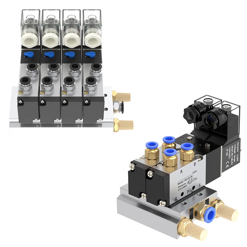 4V210-08 Pneumatic Solenoid Valve Block with Muffler Joint Base Manifold 2/3/4/5 Positions 12/24V DC 110/220V AC Multi Option