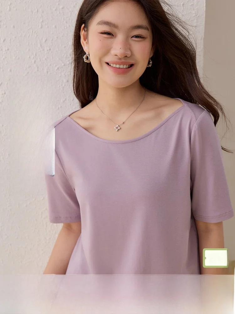 

Linen Blend Boat Neck Shoulder T-Shirt Slim Fit Short Sleeve Women's plus Size Summer New Style Comfortable Breathable T-Shirt