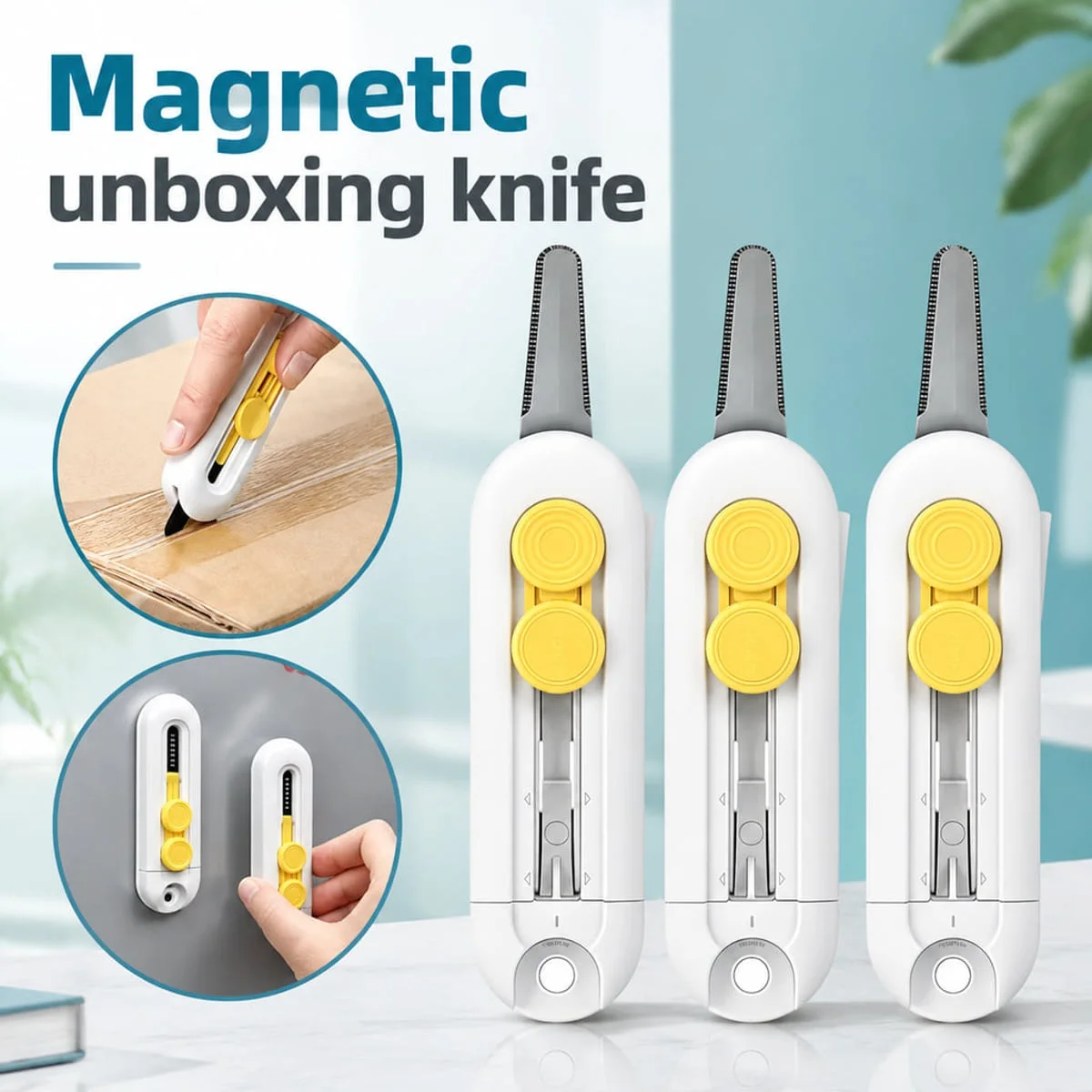 Magnetic Box Cutter Mini Utility Knife for Opening Packages Letters and Tape Retractable Adjustable Blade White Plastic Case