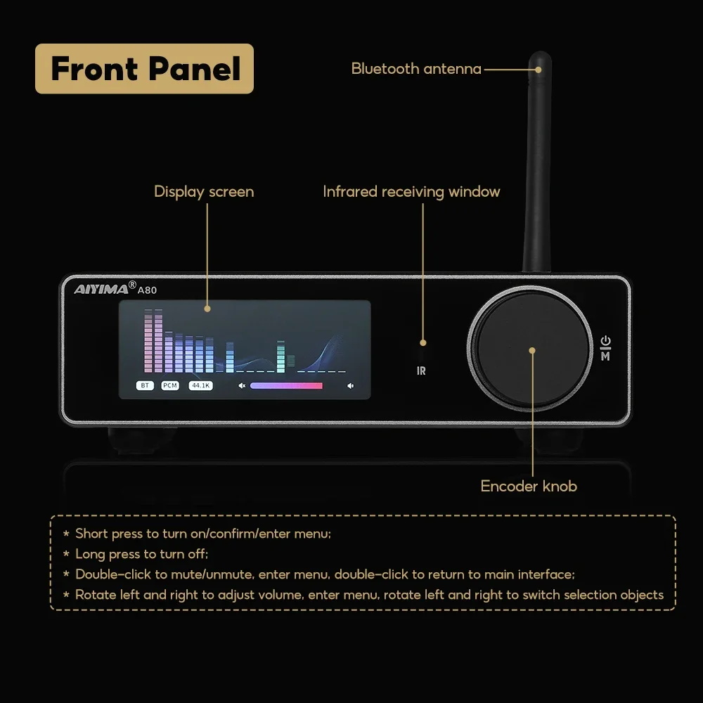 AIYIMA A80 TPA3255 Bluetooth DAC Stereo PFFB Power Amplifier 300Wx2 Class D 2.0 Hi-Res Digital Amp with RCA TRS OPT USB Input