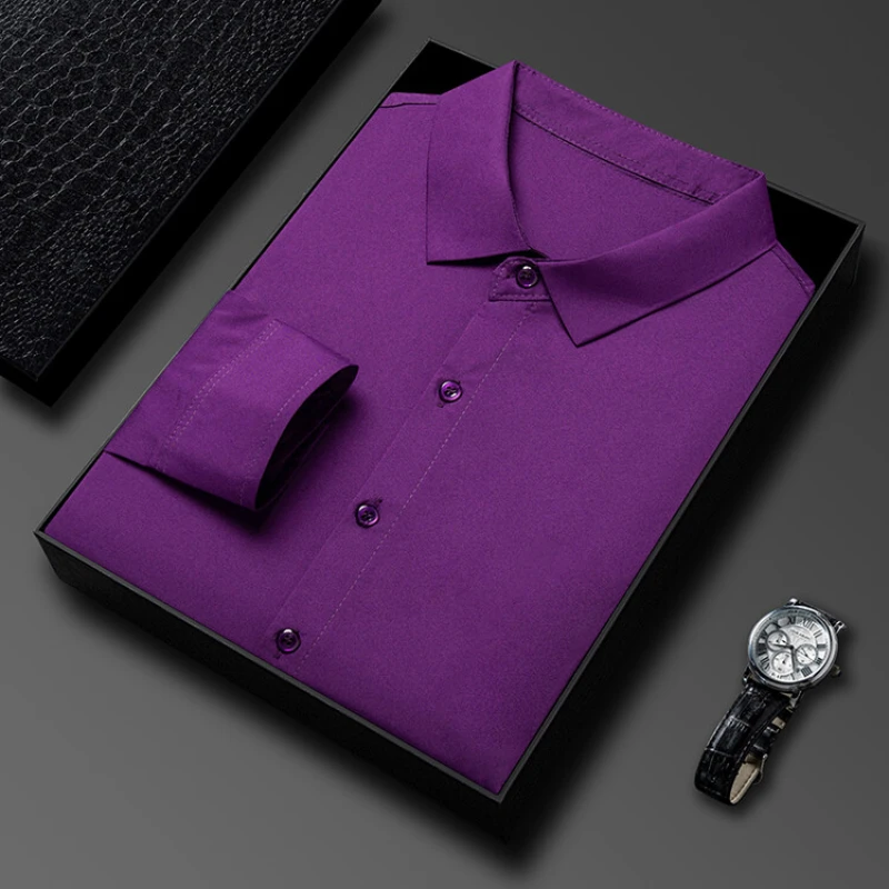 

Stretch slim-fit men's solid color long-sleeve shirt for business leisure, breathable, multiple colors suitable daily commute.