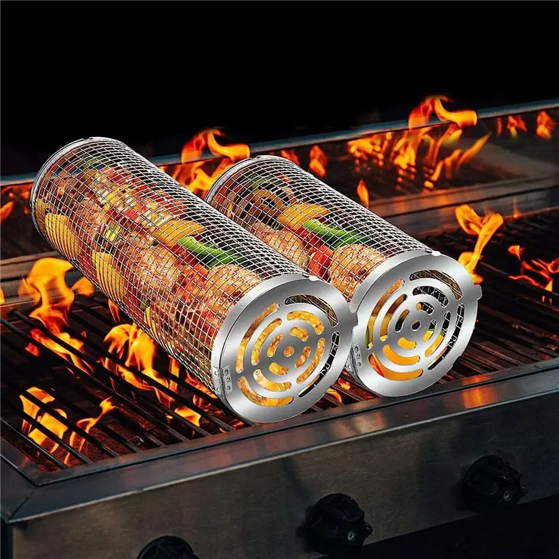 Rolling Grilling Baskets Outdoor Grill BBQ Net Tube Grilling Basket Stainless steel