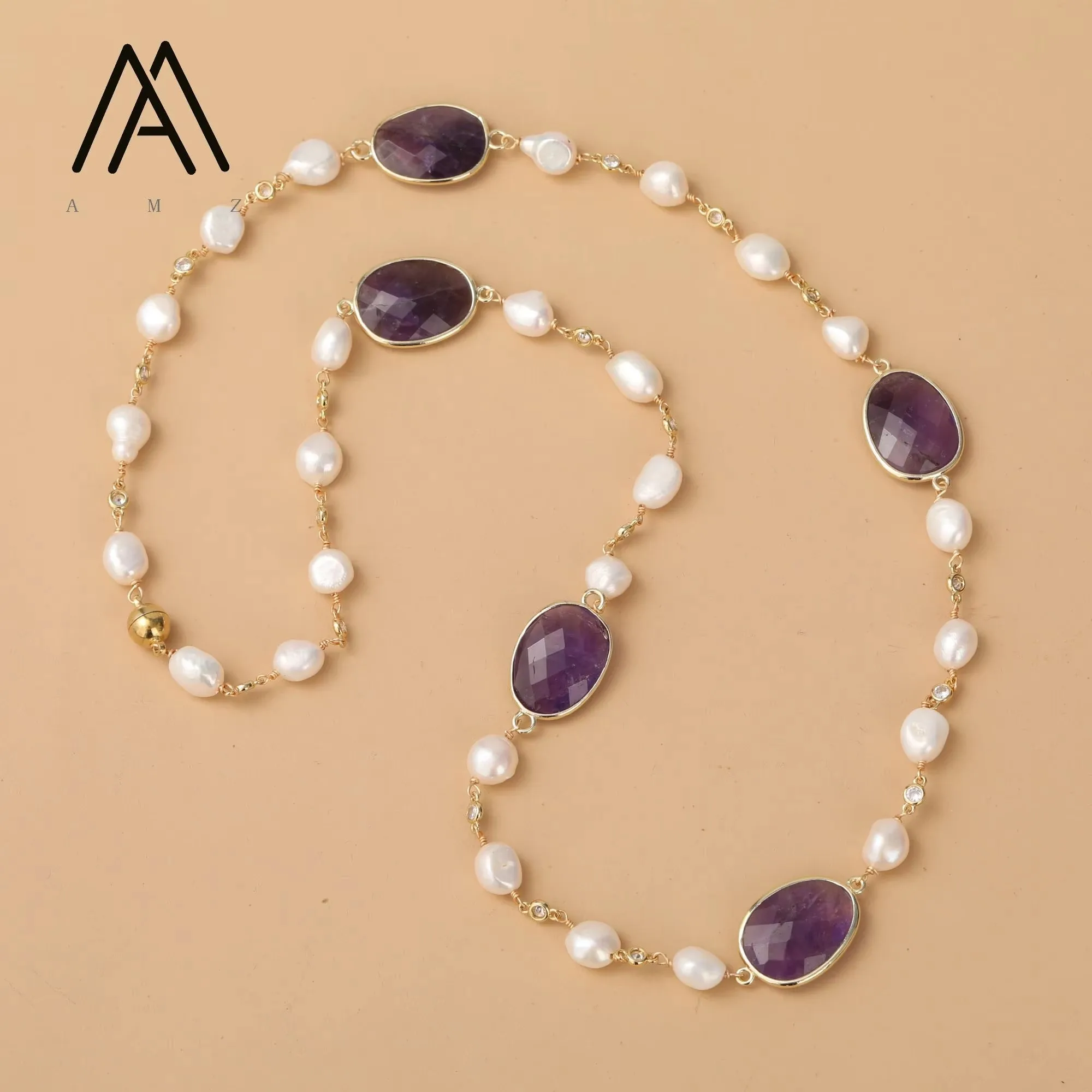 Natural Baroque Necklace Freshwater Pearl with Faceted Amethyst Natural Stone Jewelry for Women Necklaces Suit Wed Party