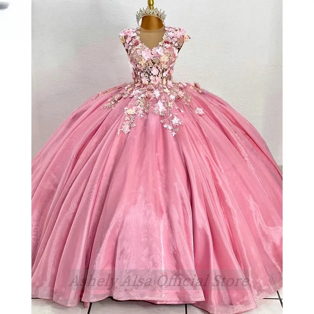 Vestido De quinceañera De princesa rosa personalizado, Floral 3D, Sexy, con espalda hueca, dulce 16, Vestidos De graduación, fiesta De cumpleaños, Vestidos De 15 Años