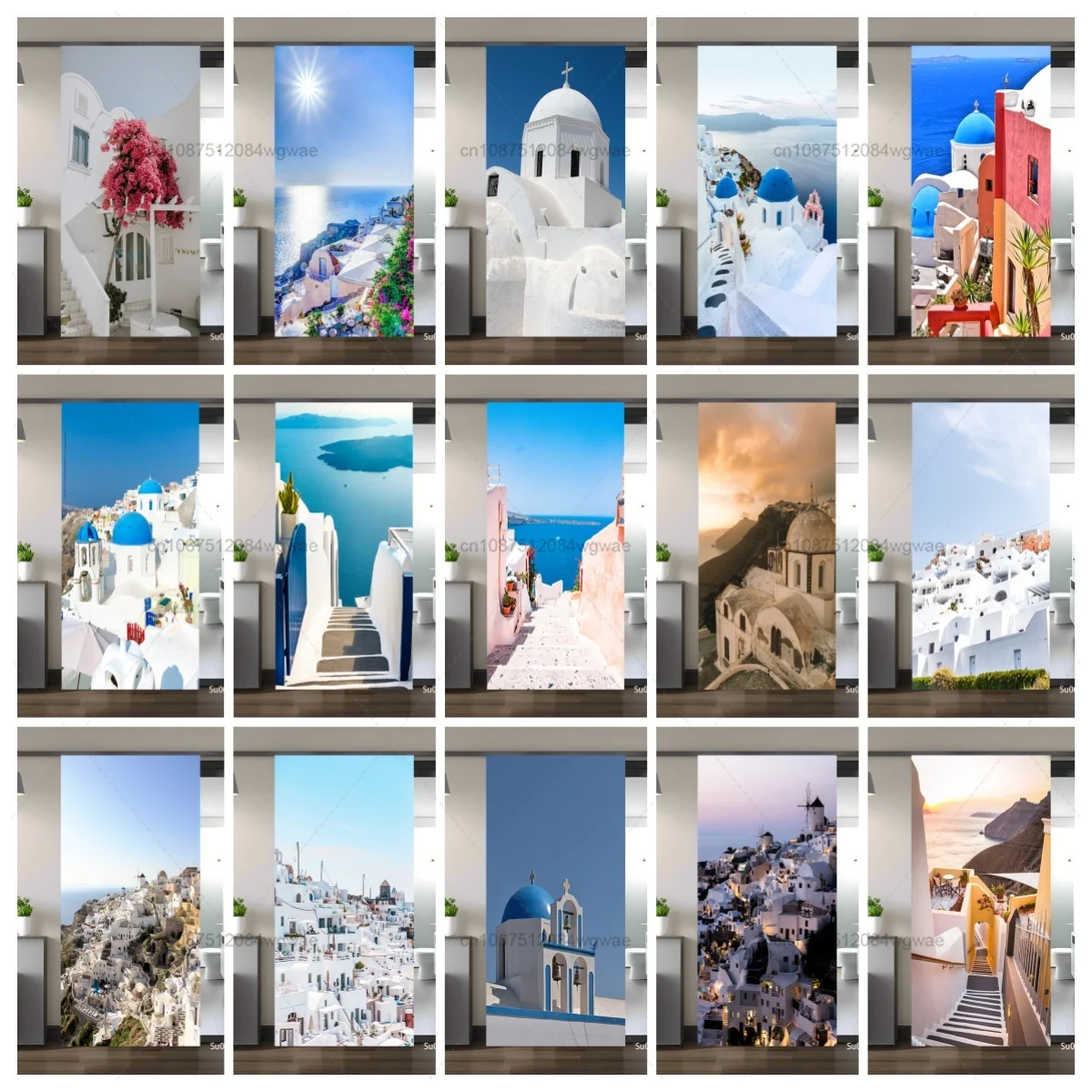 Santorini Greece Door Stickers Waterproof Self-Adhesive Doors Decals Removable 3D Aegean Sea Landscape Wrap for Home Room Decor