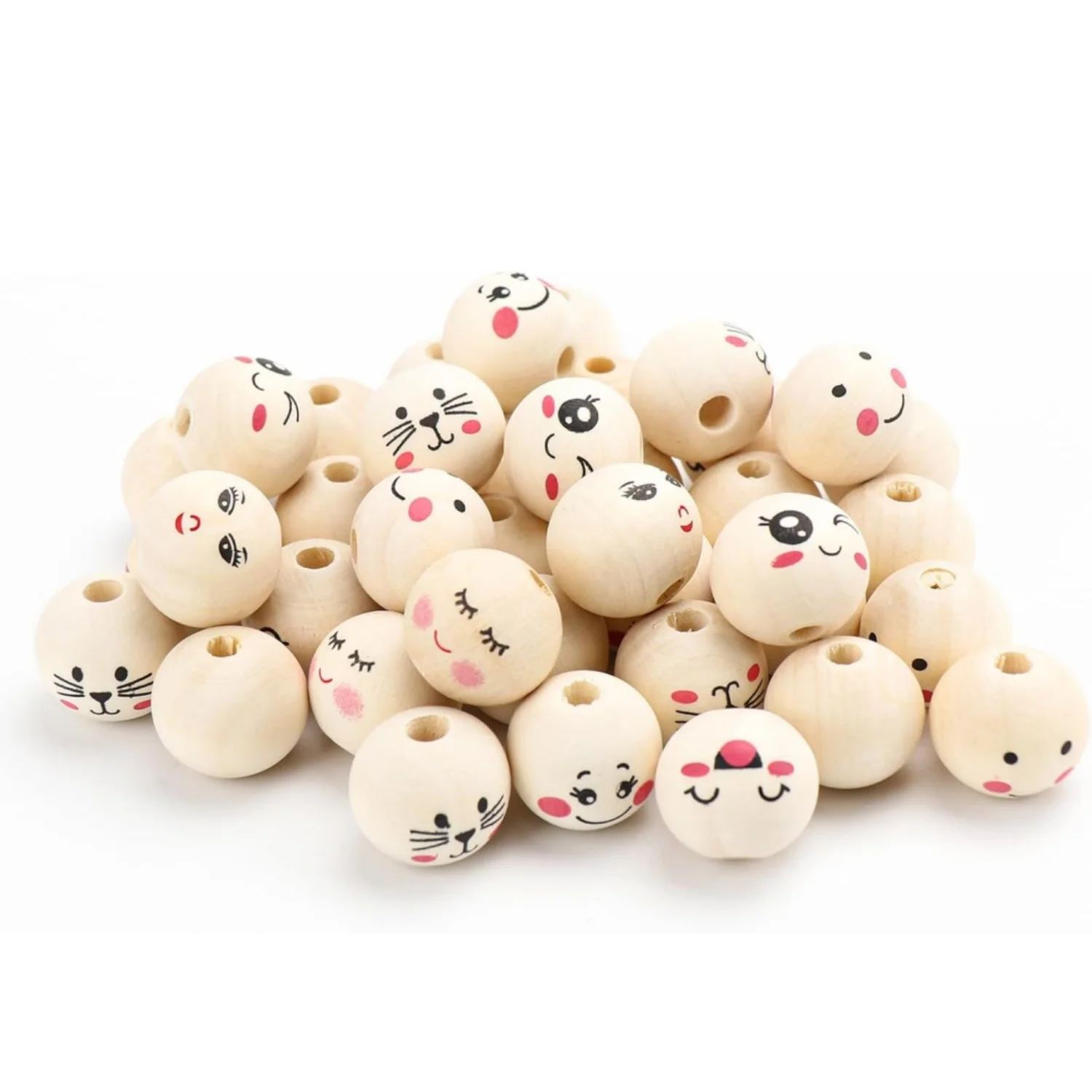 

70pcs Wooden Beads with Face, Natural Smiley Wooden Beads with Hole for DIY Craft Decorations