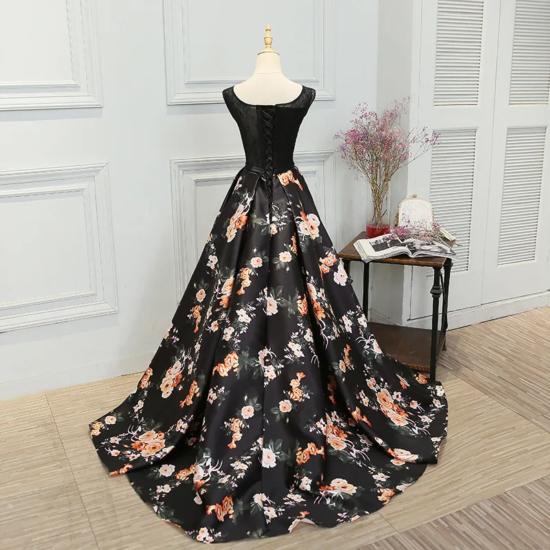 2018 primavera elegante preto feminino impresso flor formal vestido de baile em torno do pescoço floral longo vestido de festa à noite