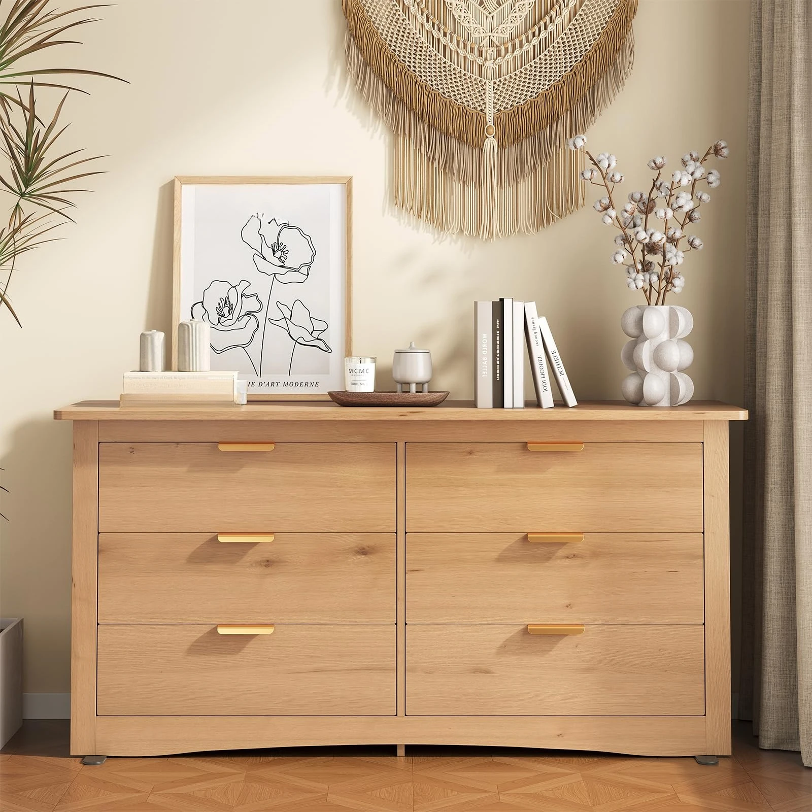 Modern Six Drawer Storage Cabinet, Wide Wooden Chest Of Drawers Organizer, Multifunctional TV Stand Unit For Bedroom Living Room Hallway Office, Farmhouse Natural Wood Color, 1 Piece