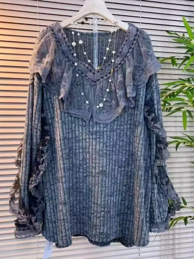 Ropa femenina Vintage camisa de Color sólido primavera otoño manga larga Casual encaje volantes empalmado elegante ahueca hacia fuera blusa con cuello en V