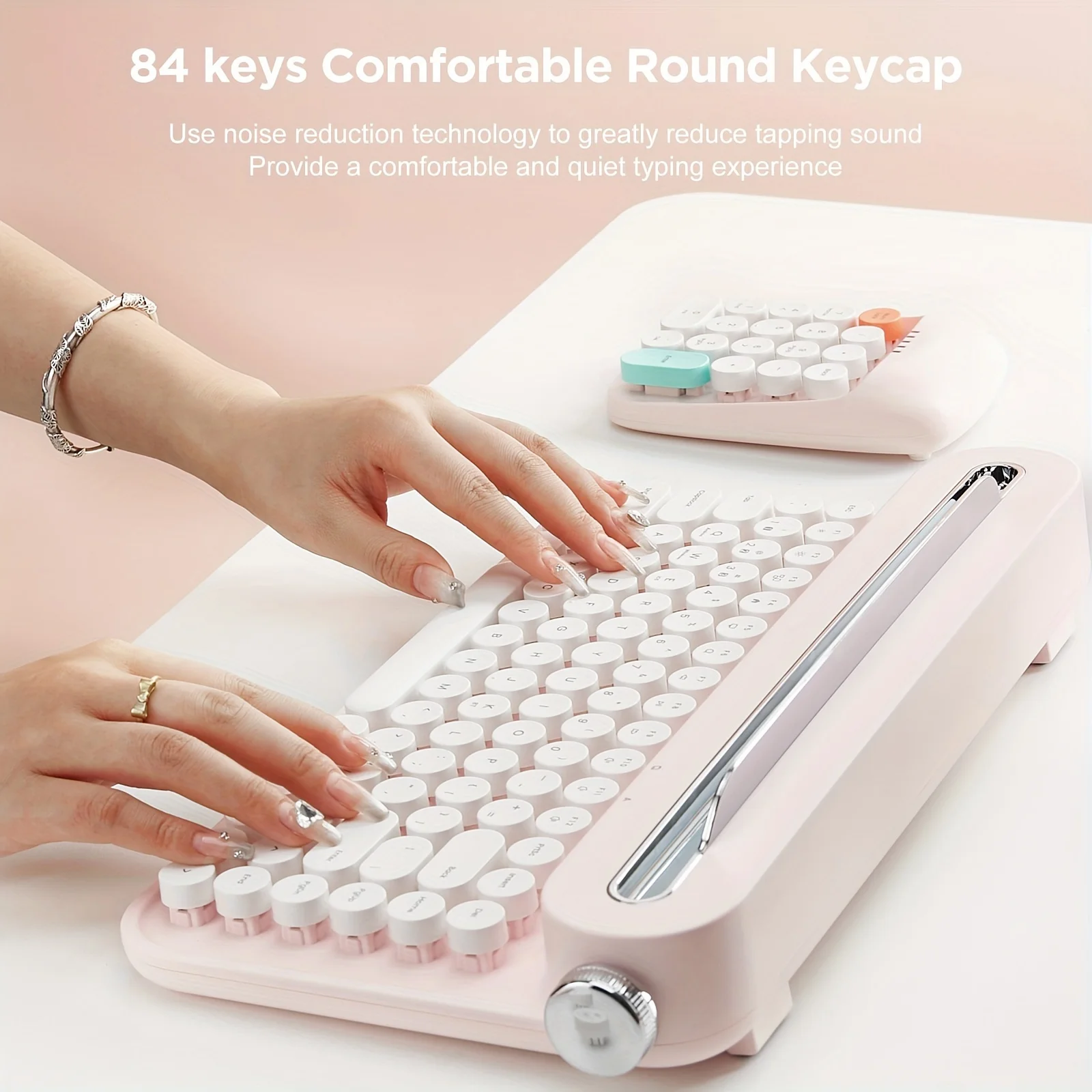 Pink Retro Wireless Keyboard with Wireless, Ergonomic Design & Adjustable Stand - Compact 84-Key Typewriter Style for Multiple D