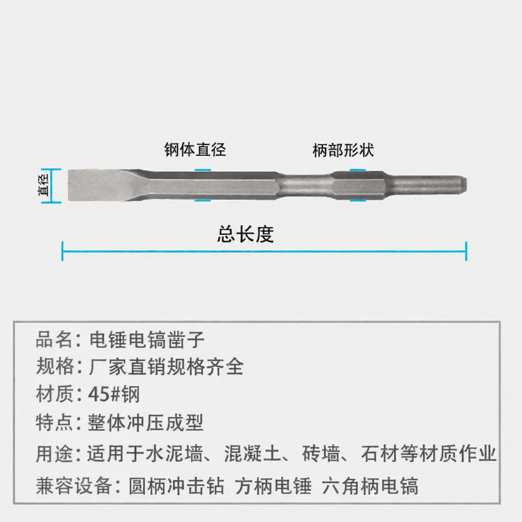Industrial Grade Chisel Set For Demolition Hammer Pointed Flat Wide Blade For Masonry Brick Wall Piercing Drill Bits