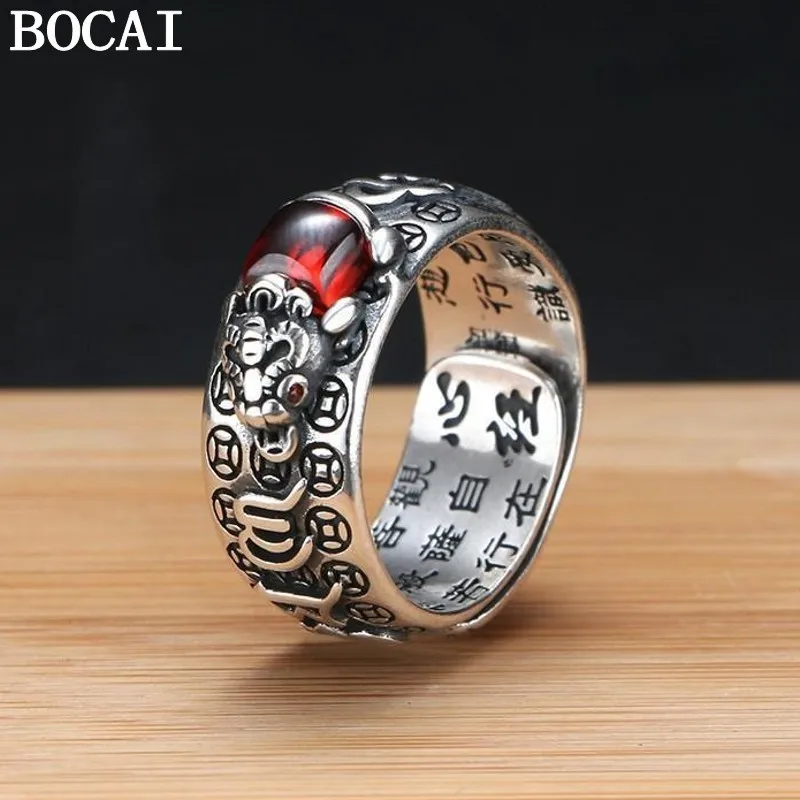 

BOCAI NEW S925 Sterling Silver Retro Fashion Art Jacinth PiXiuToad Heart Sutra Open Ring Men and Women