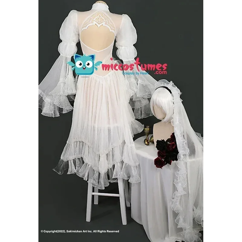 Miccostumes 2B White Black Costume with Veil Gloves for Women Wedding Dress Bride Cosplay