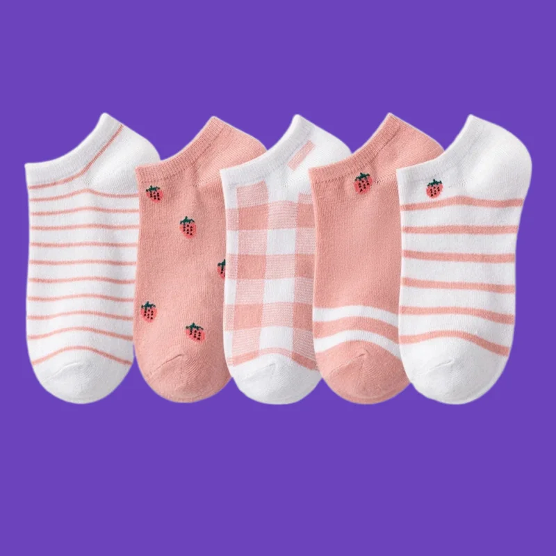 

5/10 Pairs Women's Thin Cotton Socks Pink Strawberry Checkered Women Socks Fashion New Shallow Mouth Women's 2024 New Boat Socks