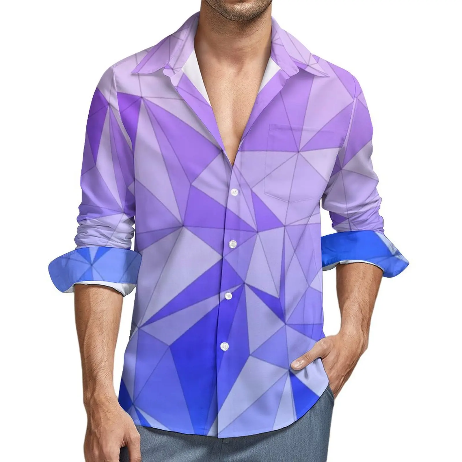 Triangle Two Tone Shirt Spring Blue And Purple Casual Shirts Men Loose Blouse Long Sleeve Pattern Stylish Top Big Size