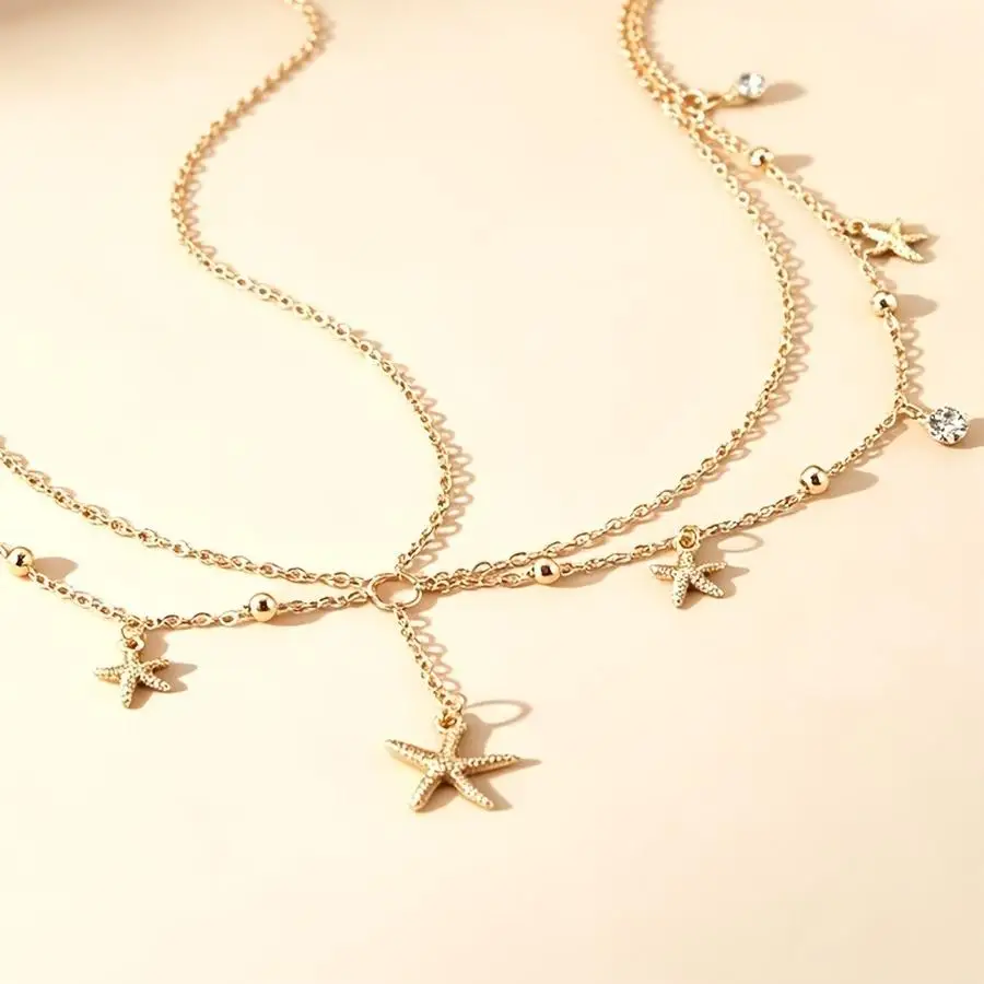 1/5/10/20/50/100pcs European and American Style Starfish Rhinestone Hair Chain, Double-Layer Round Bead Chain Head Chain, Bohemi