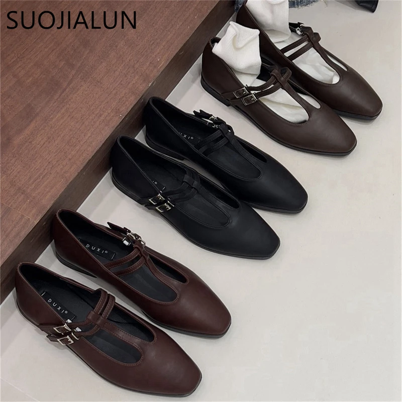 SUOJIALUN Spring New Women Flat Shoes Fashion Round Toe Shallow Slip On Ladies Mary Jane Shoes Flat Heel Outdoor Dress Ballerina