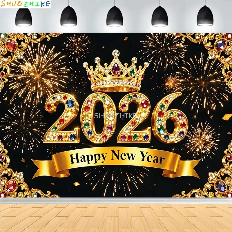 

2026 Gold Happy New Year Background Glitter Clock Champagne Lights Balloons Christmas Family Party Photography Backdrop SZ-17