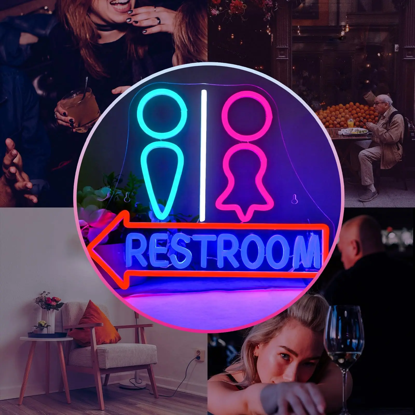 Restroom Neon Sign with Arrow – LED Gender Bathroom Sign, Wall Decor Light for Bar, Restaurant, Business, Home