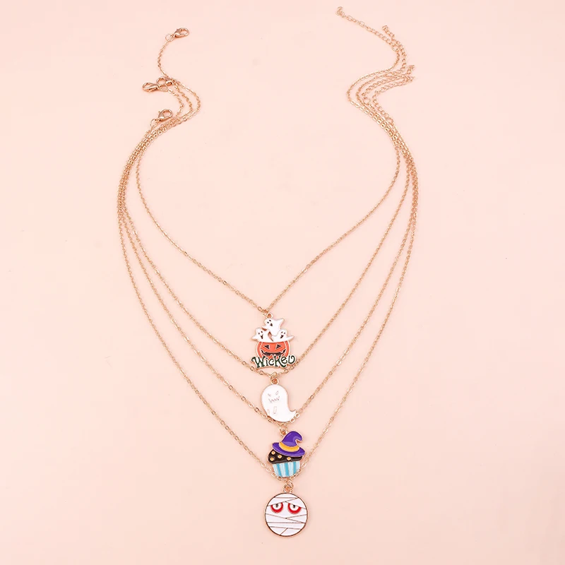Aihua 4-teiliges Set mit niedlichen Halloween-Halsketten aus Emaille: Kürbis, Fledermaus, Mumie, Hexe, Skelett, Augapfel-Halskette für Damen, Halloween-Party-Schmuck – Detail 6