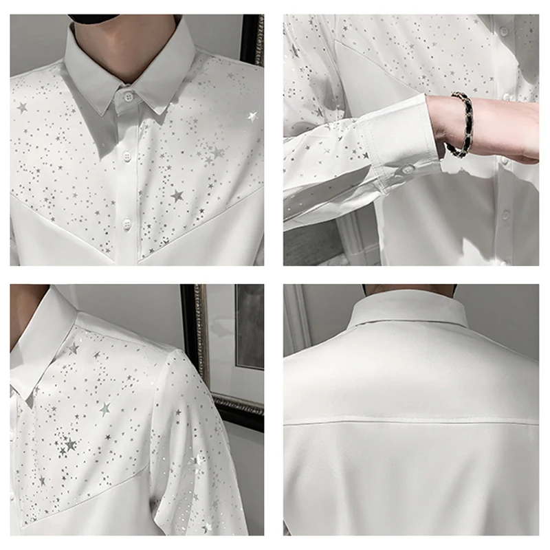 Star Printed Polka Dot Shirts Tops Men High Quality Long Sleeve Casual Male Silk Shirt Party Bar Slim Fit Floral Mens Clothing