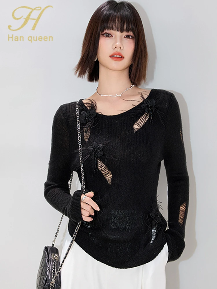 

H Han Queen Autumn Black Flower Tassel Hollow Out Pullover Sweater Long Sleeve Sweaters Korean Fashion Knitwear Woman Tops 2025