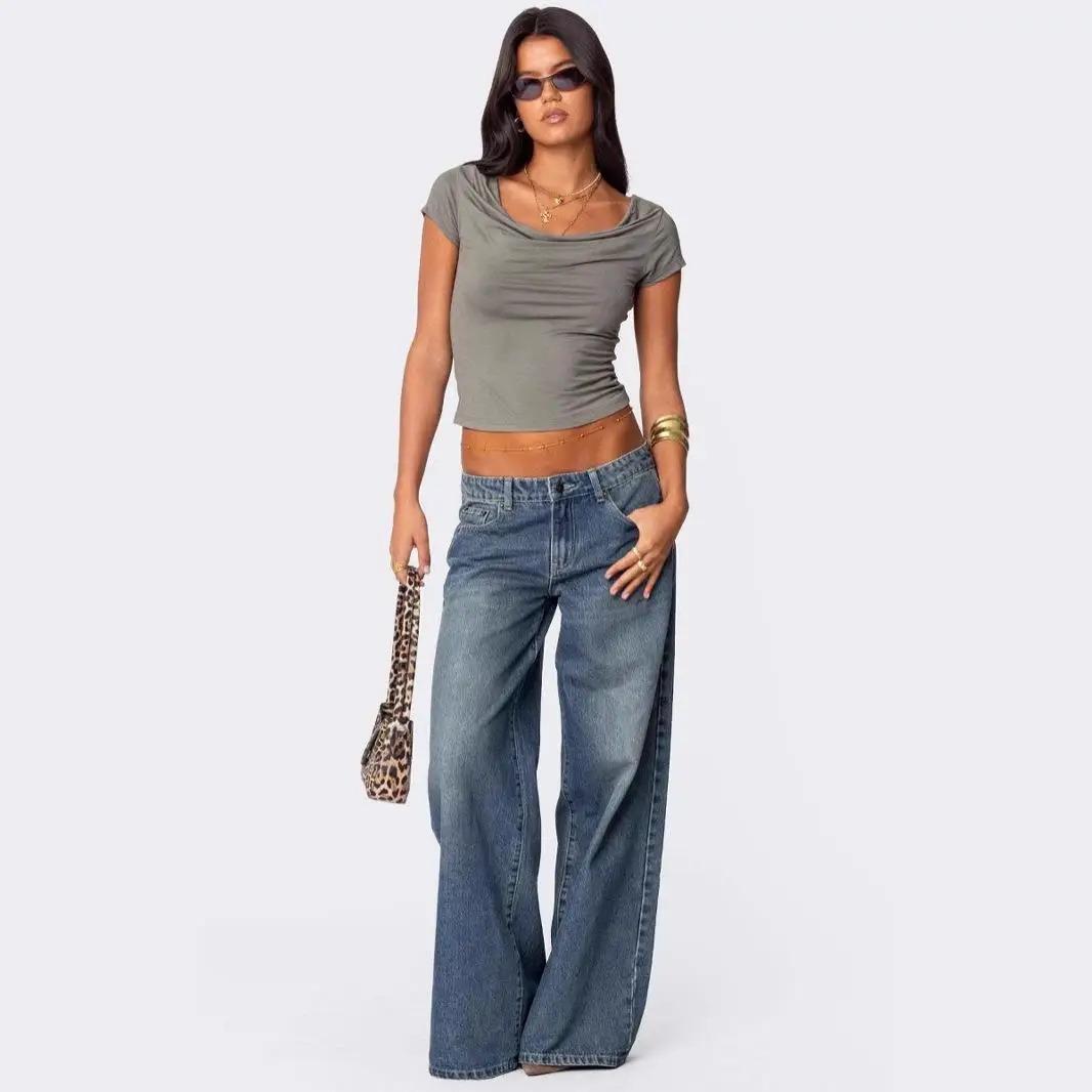 

Wide Leg Printed Denim Pants Women's Jeans Commute Sle l Waist Straight Cut No Stretch Cotton Blue Ladies Trousers