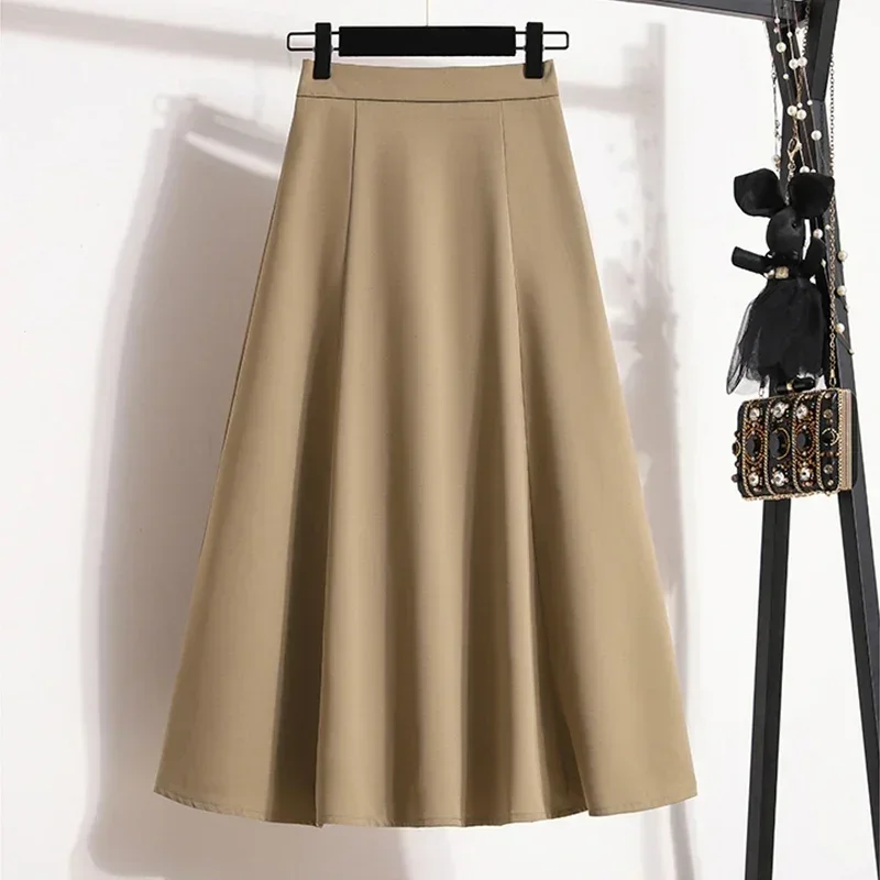 Elegant Solid Midi Long Suit Skirt for Women 2024 Summer Office Lady Plus Size A Line High Waist Mid-length Skirt Female