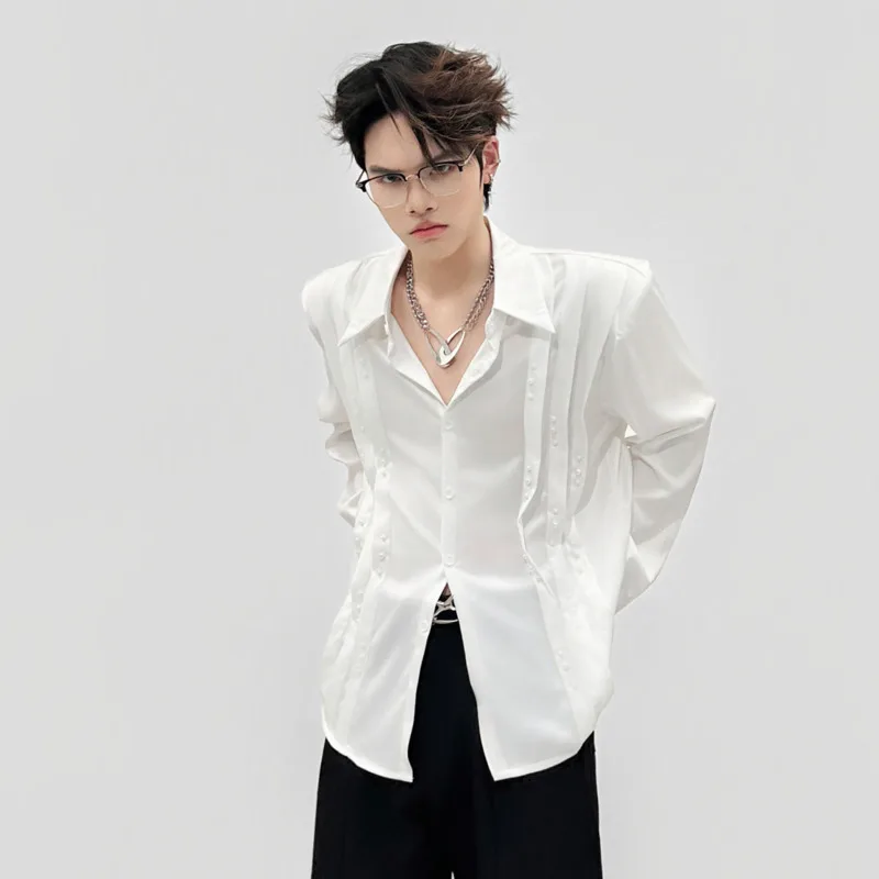 WVGA Spring Summer New Men Niche High-End Pearl Embellished Trendy Long Sleeved Shirt Three-Dimensional Pleat Design Tops W24084
