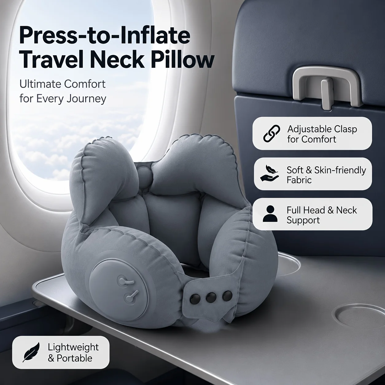 Press to Inflate Travel Neck Pillow Support Inflatable U-Shaped Pillow Adjustable Snap Strap Portable Car Office Neck Cushion