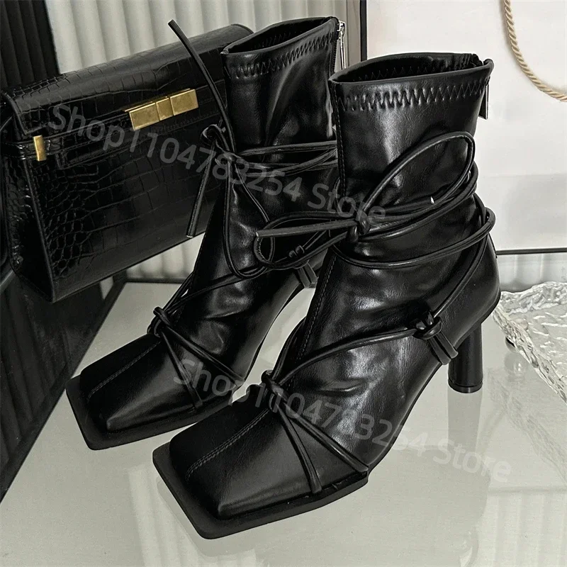 

Spring Autumn Design Cross- Strap Women Ankle Boots Punk Style Square Toe High Heels Zipper Booties Shoes zapatos de mujer