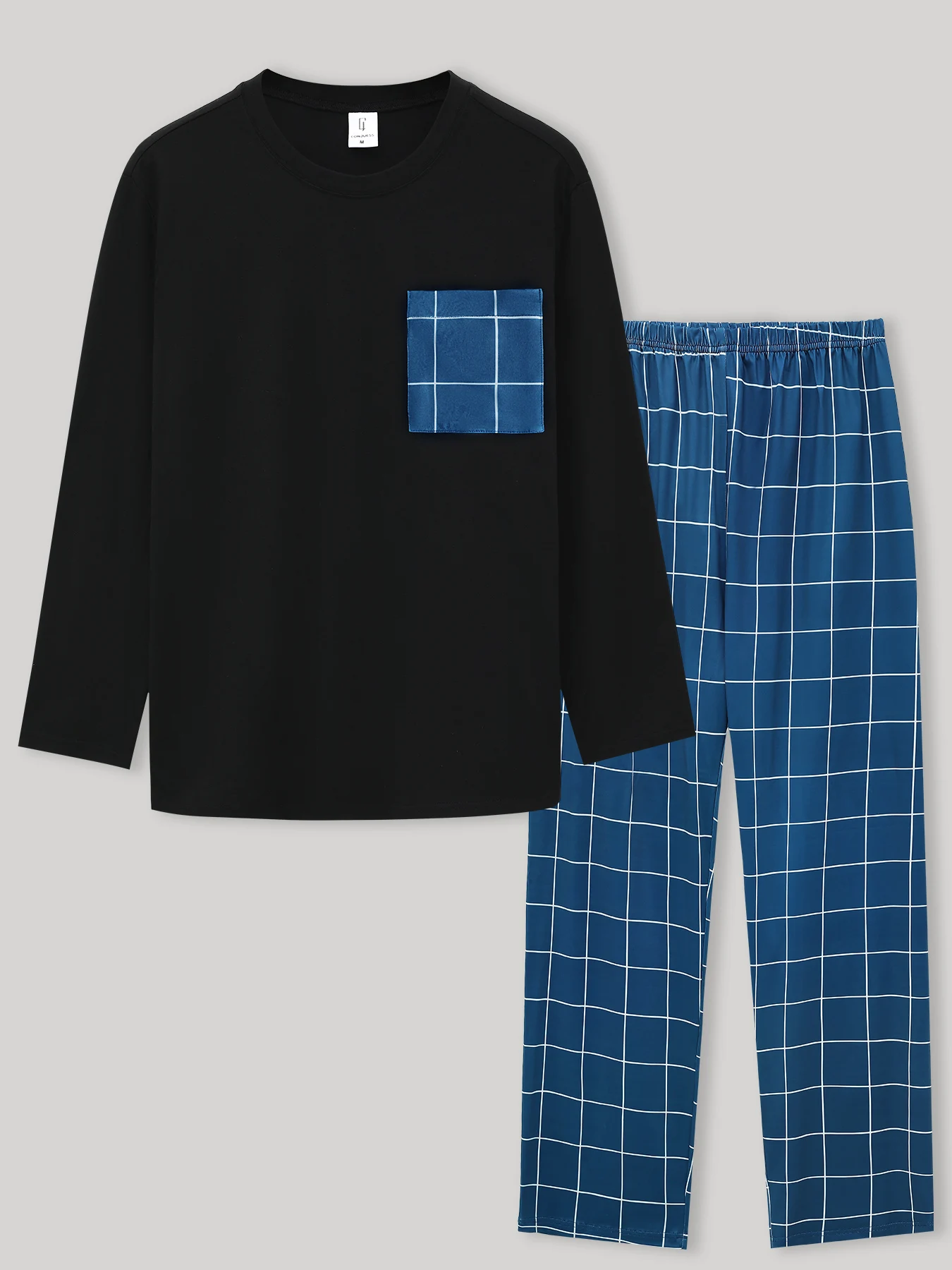 

Minimalist Black & Blue Color Block Loungewear Set Men Spring Fall Plaid Pocket Long Sleeve & Plaid Pants 2 Piece