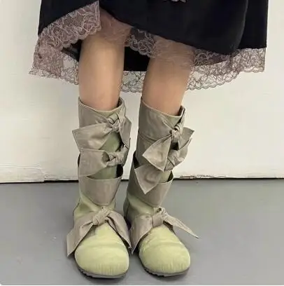 

Spring Girls Light Green Cloth Butterfly Knot Decor Big Round Toe Flat Knee High Boots Women Zipper Back Long Boots Size 40