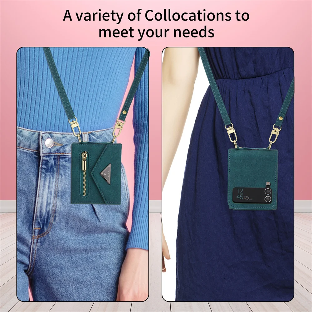 Long Strap Crossbody Folding Wallet Case for Galaxy Z Flip 5/Z Flip 4/Z Flip 3 Expandable Card Slots Holder Phone Bag Hinge Case