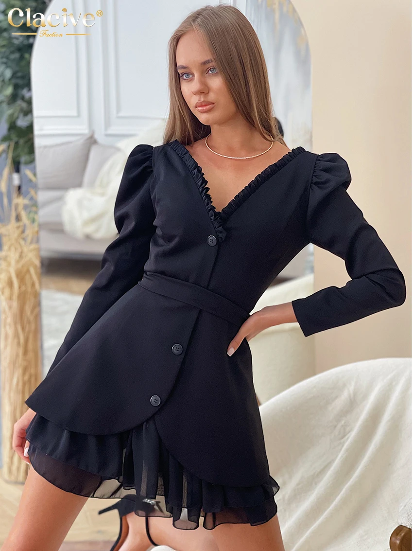 Clacive Fashion Loose Black Office 2 Piece Set Women Outfit 2025 Elegant Long Sleeve Shirt With High Waist Mini Skirt Set Female