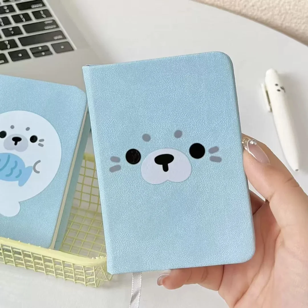 New Cartoon Seals Kawaii Notebook Soft School Supplies Blue Cute Animal Diary Book Leather Daily Planner Ribbon Kids Stationery