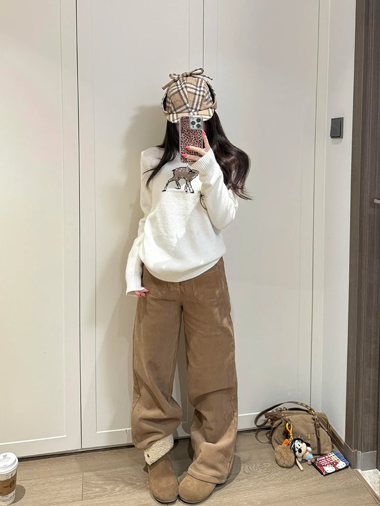 Olhar cervo branco bordado redondo ne pulôver malhas feminino outono inverno solto doce sle coreano faion topo