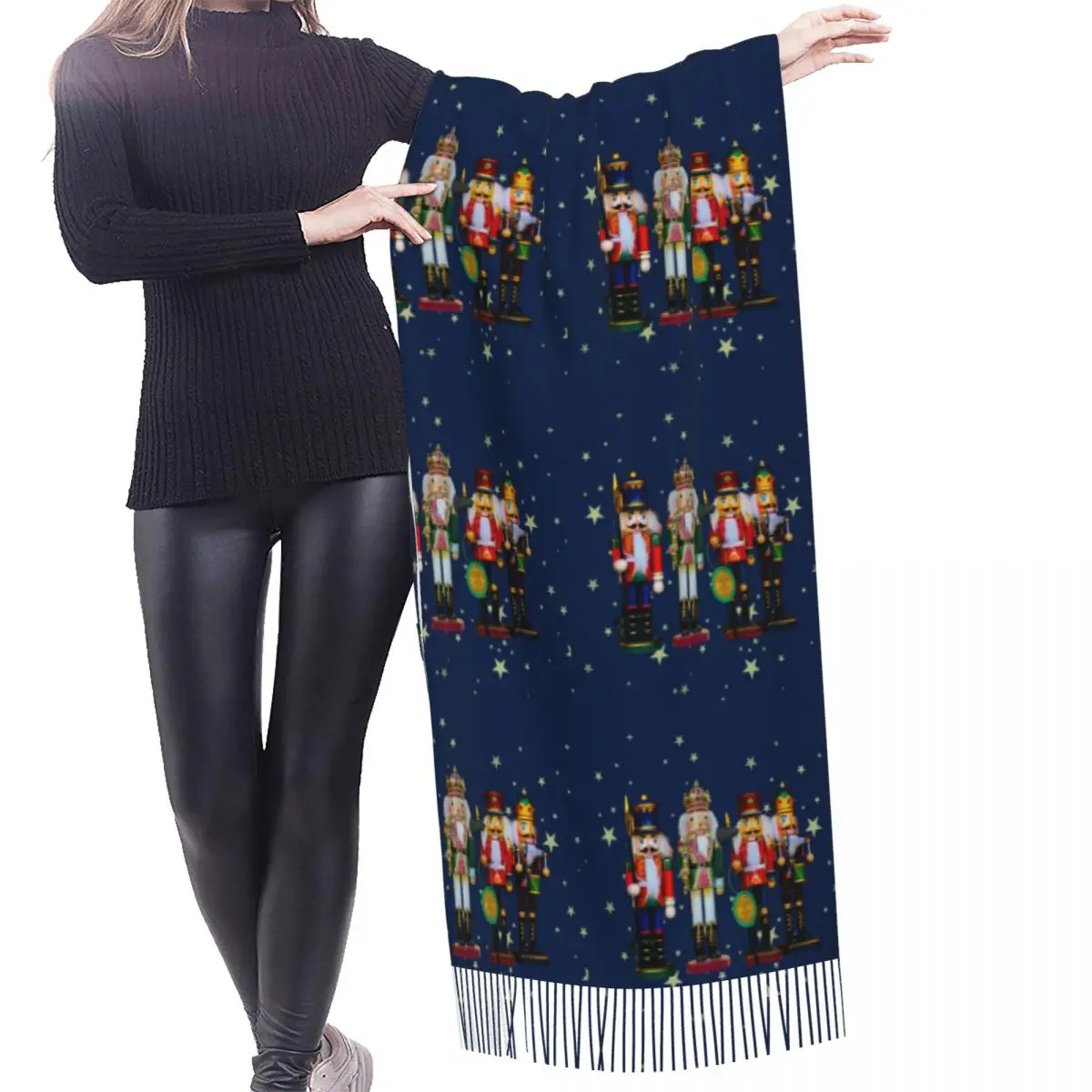 Holiday Nutcrackers Scarf Wrap Women Long Winter Warm Tassel Shawl Unisex Christmas Nutcracker Cartoon Toy Soldier Scarves