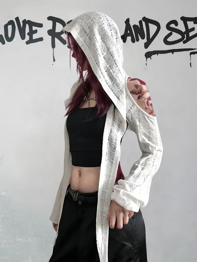 T-shirt à manches longues et épaules dénudées pour femmes, Streetwear d'été, hauts courts, Punk Grunge, ajouré, à capuche, vêtements d'extérieur