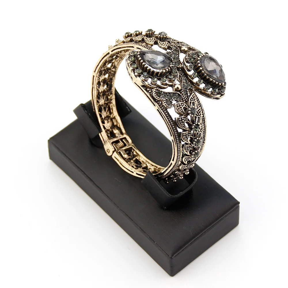 Sunspicems Elegent Turkish Women Bracelet Gray Crystal Bohemia Bangle Antique Gold Color Hollow Flower Indian Jewelry Bride Gift