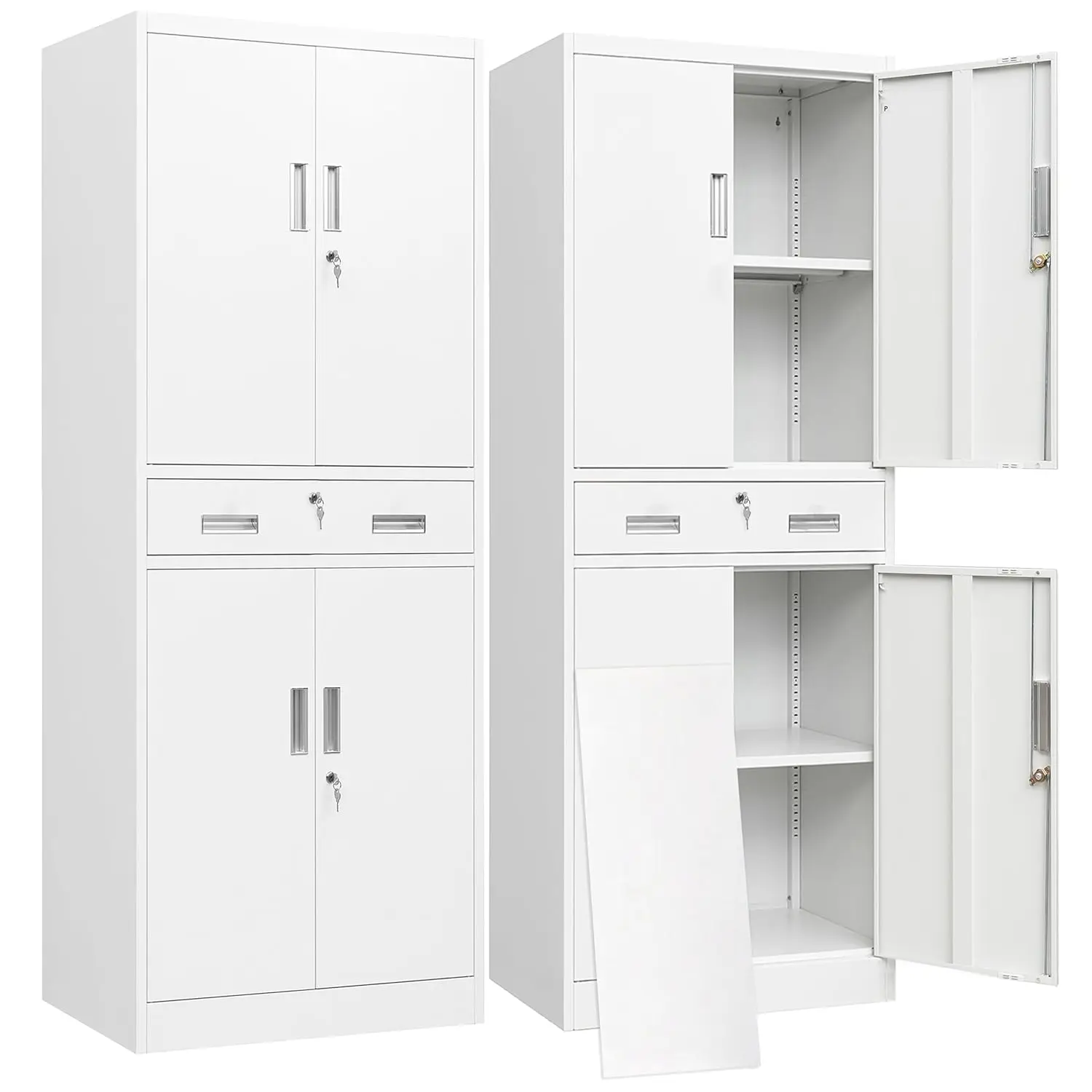 Metal Storage Cabinet with a Drawer 4 Doors and 2 Adjustable Shelves Garage Storage Cabinet with Lock 71
