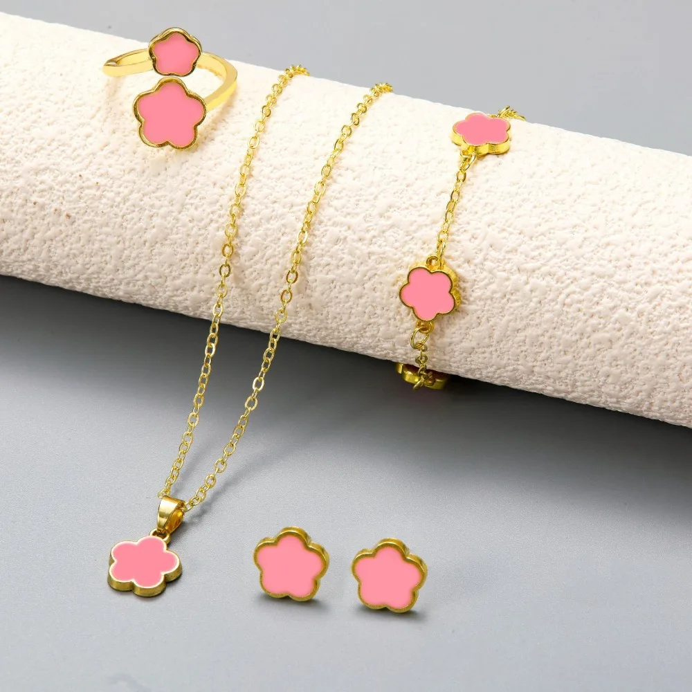 Lucky Five-petal Flower Five-leaf Clover Rings Bracelet Earrings Necklace 4Pcs Set for Woman Stylish Party Jewelry Accessories