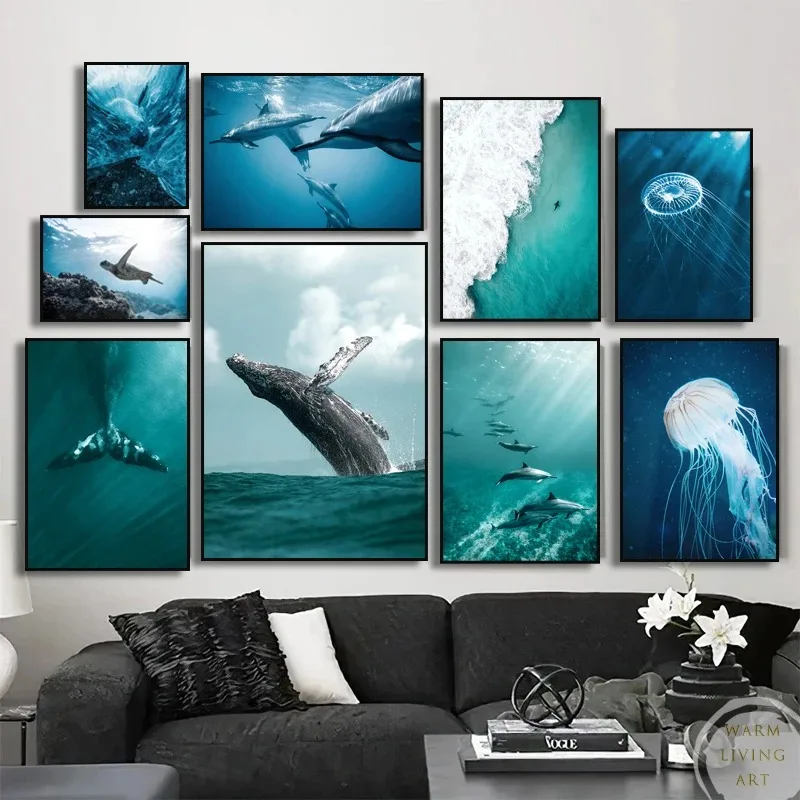 Nature Marine Animals Whale Tailed Dolphin Wall Art Canvas Painting Wave Sea View Sea Turtle Poster Living Room Home Decoration