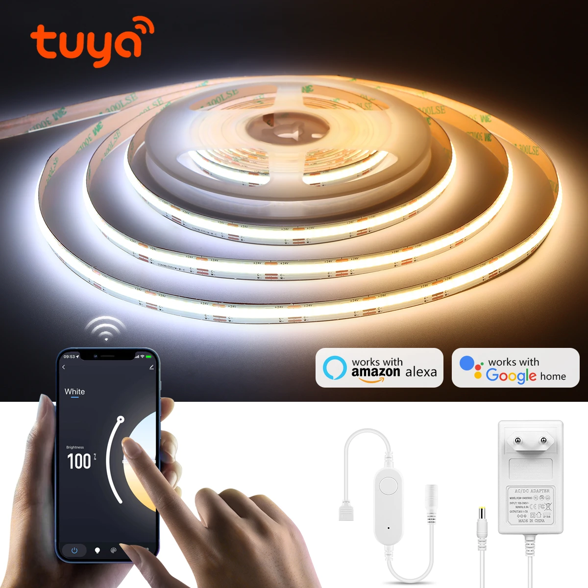 

Tuya Smart WiFi COB CCT LED Strip Light 24V 3M 5M 2700K-6500K Changeable Lamp Tape Dimmable Support Alexa Google Xiaowei Xiaodu