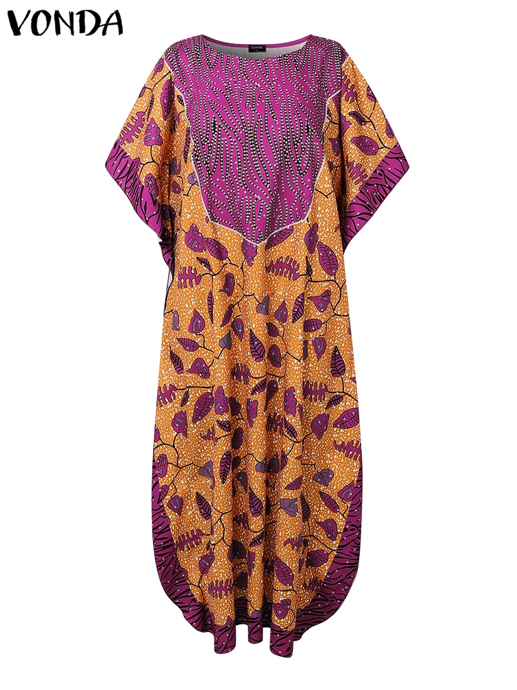 Plus Size VONDA Vintage Maxi Dress Summer Print Party Vestido 2025 Women Bohemian Patchwork Bat-wing Sleeve Sundress Casual Robe