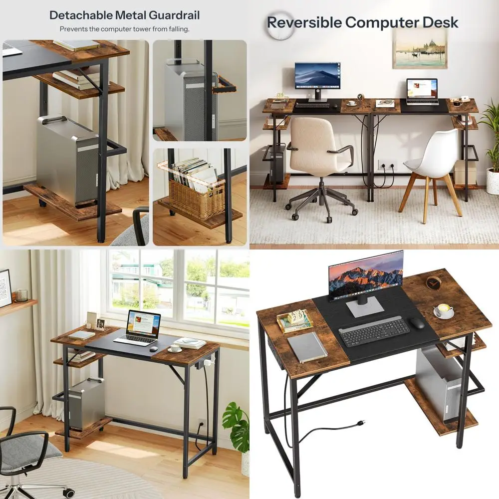 

Rustic Brown & Black Writing Desk with 2 Shelves, Power Outlet, for Home Office or Study, Easy Assembly